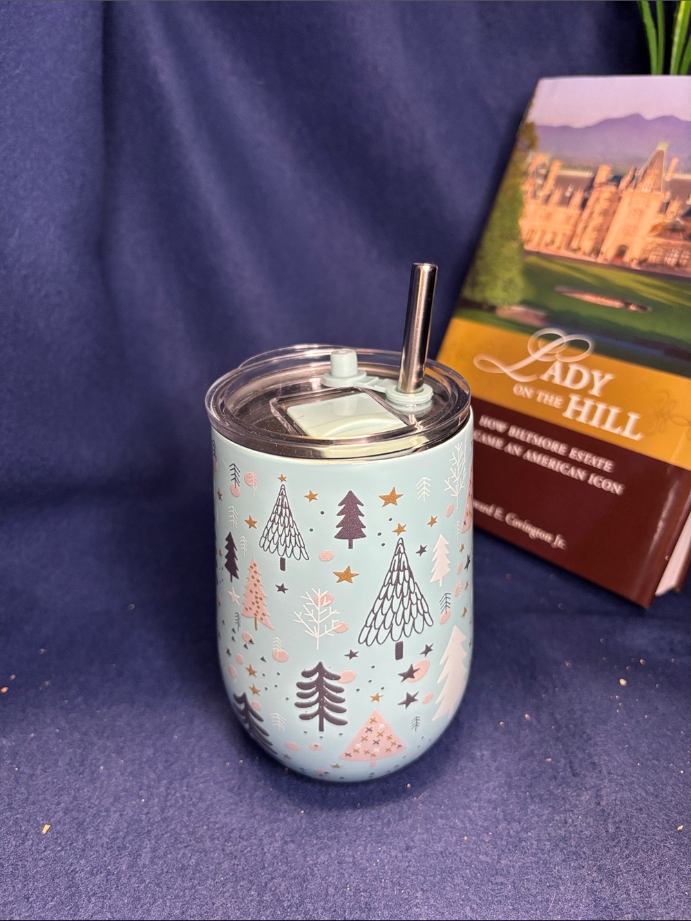 Stainless Steel Light Blue Holiday Tree Tumbler with Straw